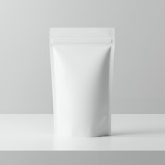 Realistic stand-up foil pouch mockup with clean, minimalist lighting. Matte finish packaging on a white surface with soft shadows — ideal for food, coffee, or branding presentations