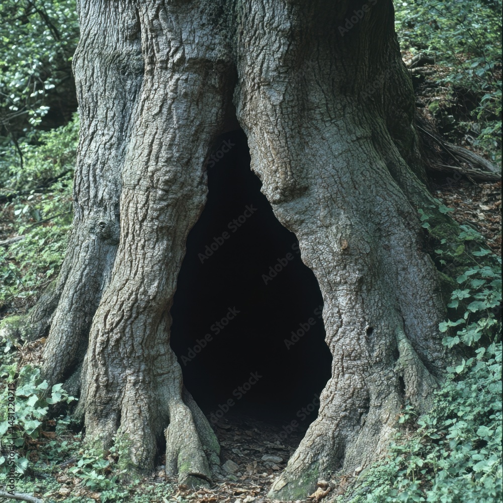 Poster enigmatic hollow tree trunk in a lush forest setting casting a mysterious shadow with a captivating 