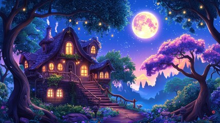 Fantasy Cottage Under Full Moon with Glowing Lights and Starry Sky