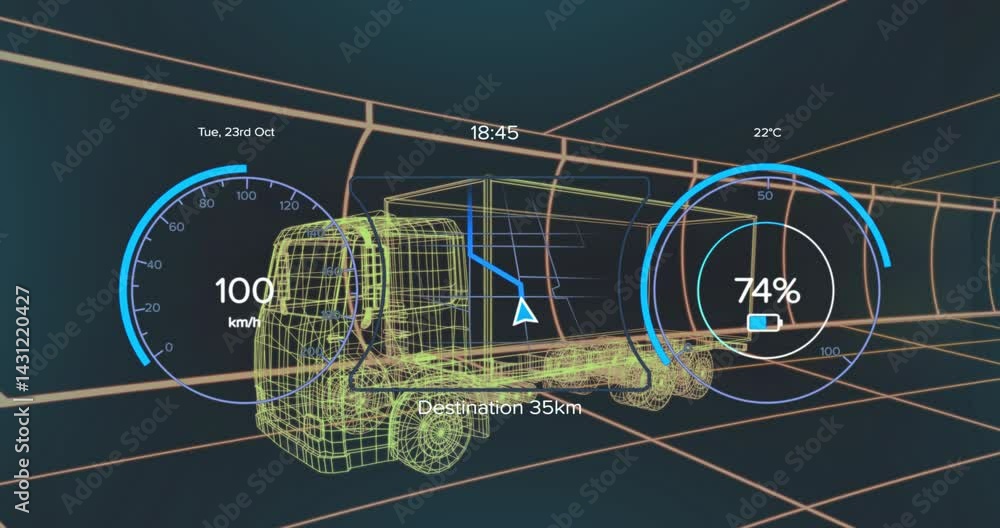 Aufkleber wireframe 3d truck and trailer being animated in grid tunnel, displaying speed gauge map overlay