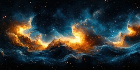 Fototapeta premium Stunning cosmic clouds illuminated by vibrant orange and deep blue hues in a vast galaxy at night