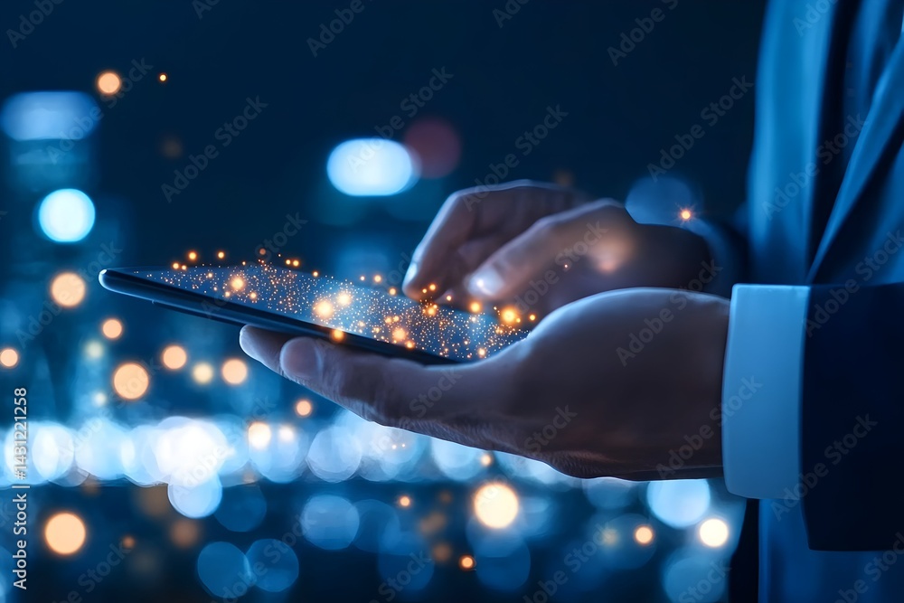 Aufkleber man's hands using a tablet with glowing light emanating from the screen