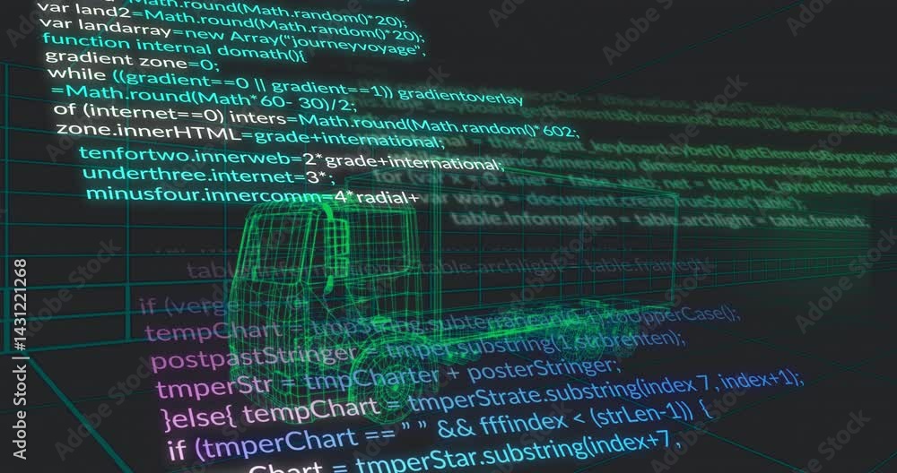 Aufkleber green holographic wireframe semi-truck model hovering over neon grid with code lines scrolling