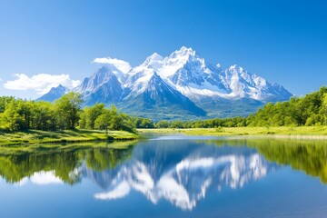 Fototapeta premium Majestic snow-capped mountain reflected in a calm lake with lush green trees on the shore under a blue sky