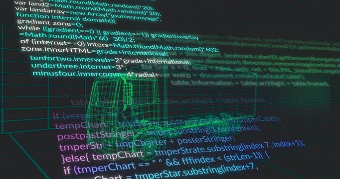 Green holographic wireframe semi-truck model hovering over neon grid with code lines scrolling - Powered by Adobe