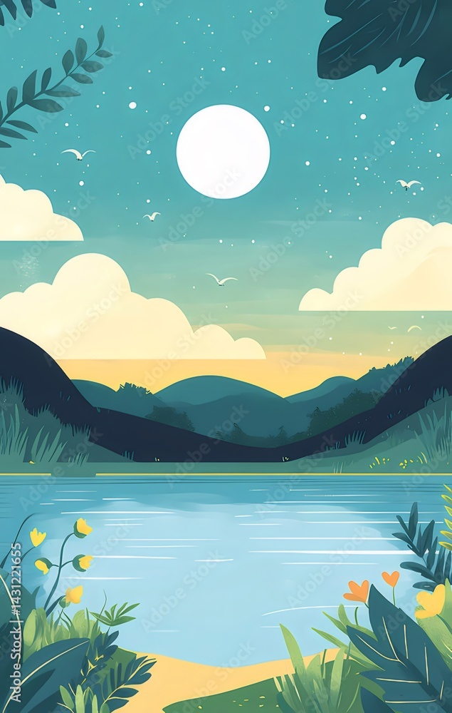 Poster 穏やかな湖畔の夜空 月と星が輝く風景画 青と緑を基調とした美しいデジタルアート