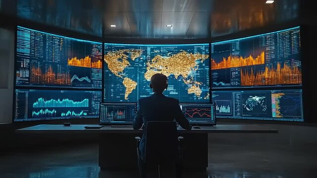 Global data analysis in a modern command center.  A person sits at a large desk in front of numerous 