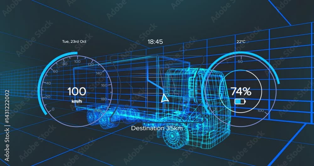 Poster 3d wireframe semi?truck model navigating blue grid interface showing speedometer and battery gauges