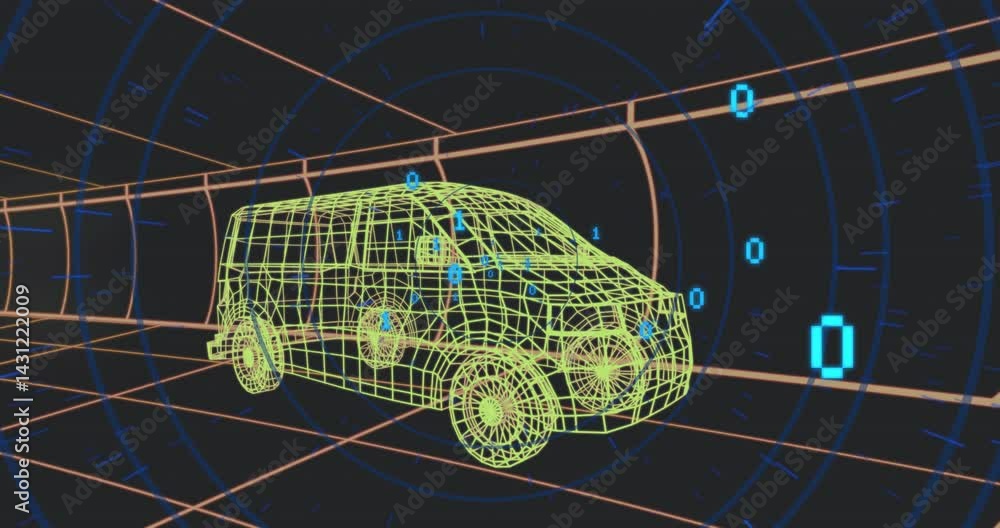 Poster wireframe van model floating in dark virtual space, displaying blue binary digits scanning data