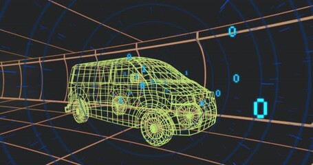Wireframe van model floating in dark virtual space, displaying blue binary digits scanning data - Powered by Adobe
