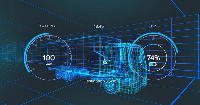 3D wireframe semi?truck model navigating blue grid interface showing speedometer and battery gauges