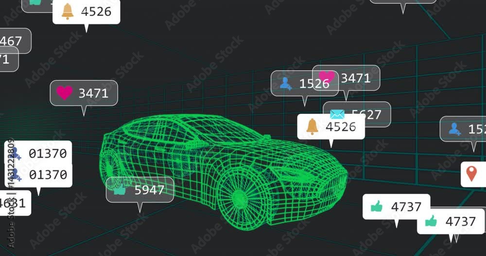 Poster green wireframe car being animated in neon grid, with floating notification icons and data counters