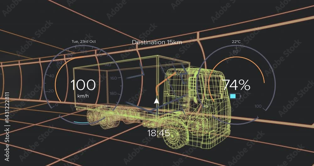 Poster wireframe semi-truck navigating augmented reality grid, showing speedometer, battery and navigation