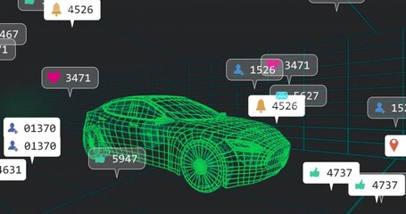Green wireframe car being animated in neon grid, with floating notification icons and data counters - Powered by Adobe