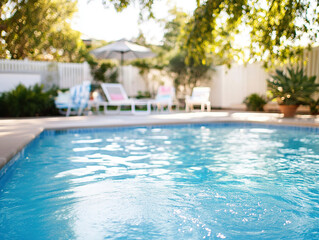 Blurred space by the poolside in the backyard, refreshing summer background