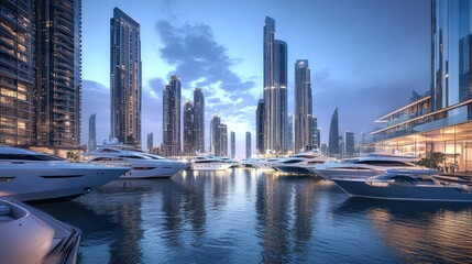 Obraz premium Luxurious marina cityscape at dusk. Modern skyscrapers line a waterfront, showcasing yachts and a vibrant atmosphere
