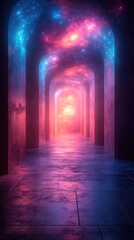 Arched tunnel with vibrant blue and red light creating a surreal atmosphere.