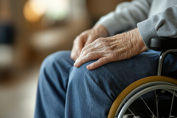 Elderly person sitting in wheelchair with hands resting on knees