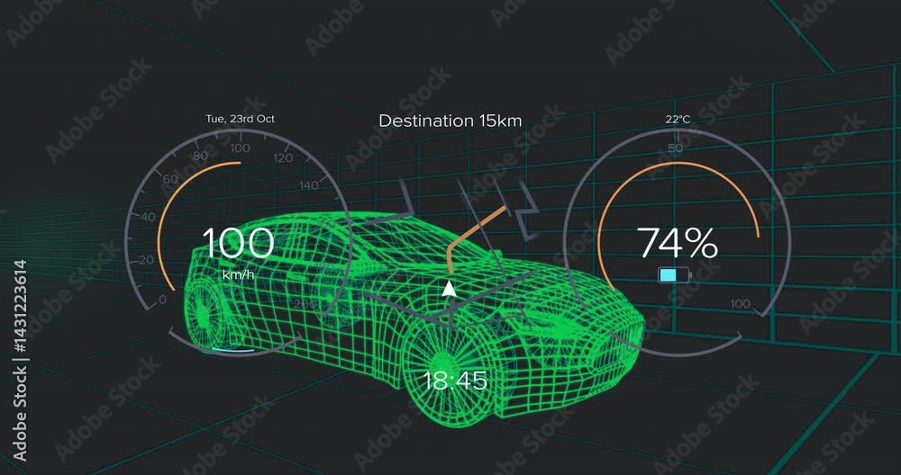Poster green 3d wireframe car model hovering in virtual grid, showing speedometer battery and navigation