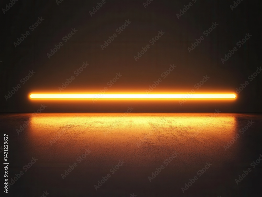 Poster minimalist orange neon light illuminating a dark space with reflective floor creating a modern and a