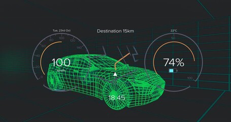 Green 3D wireframe car model hovering in virtual grid, showing speedometer battery and navigation - Powered by Adobe