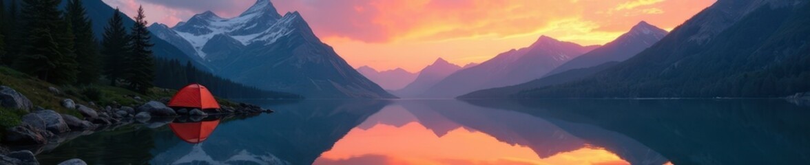 Obraz premium Mountain campsite at sunrise, majestic peaks reflecting in calm lake, mountain camping, escape, trees