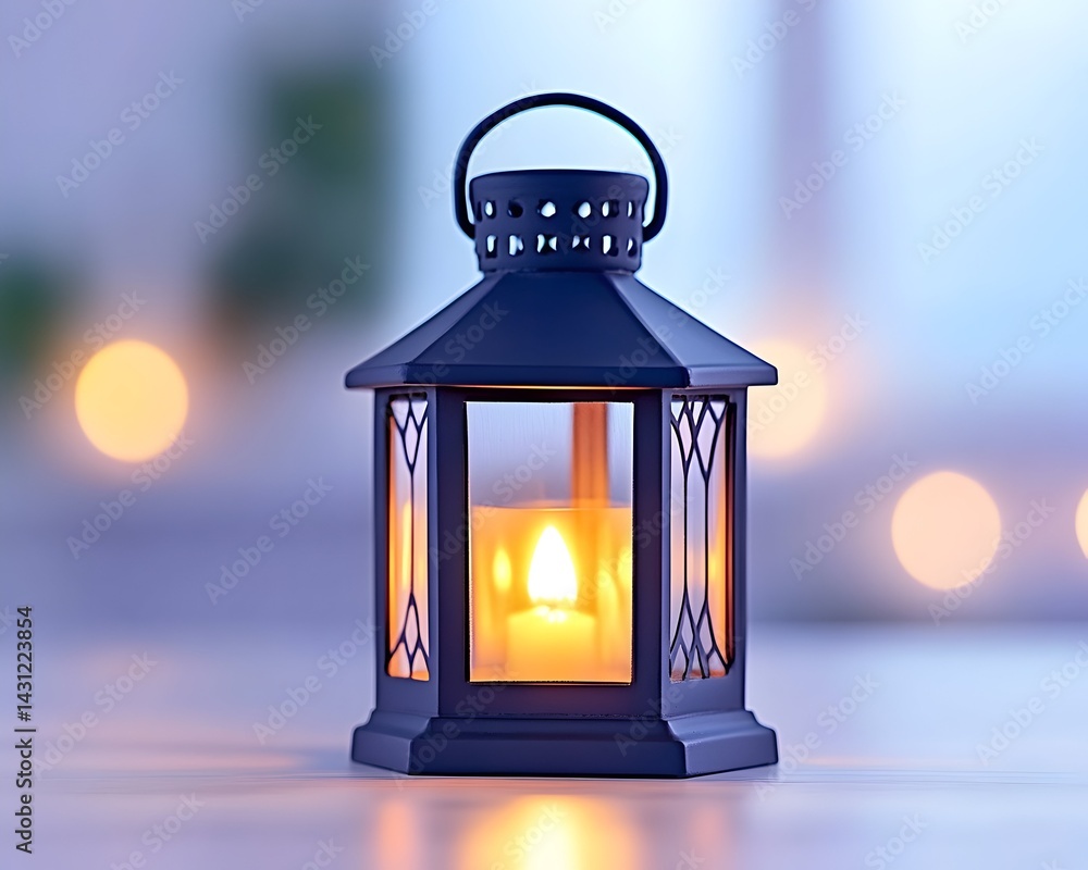 Poster a black lantern with a candle inside, glowing in the light of a window with bokeh
