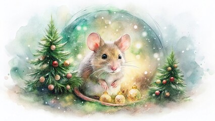 Festive Watercolor Mouse Christmas Double Exposure Stock Photo