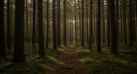Fototapeta premium Serene forest path illuminated by sunlight amidst tall trees 