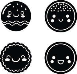 Kawaii Food Faces – Cute Black Silhouette Vector Icons, Happy Food Characters – Burger, Cookie & Dessert Faces Clipart,  Adorable Food Icons Set – Black Silhouette Vector Faces, Smiling Fast Food.