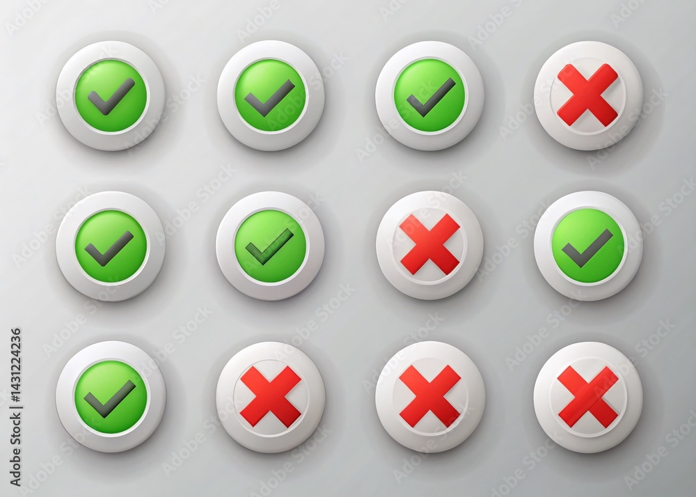 Poster flat web buttons: green checkmarks & red crosses - circle & square design