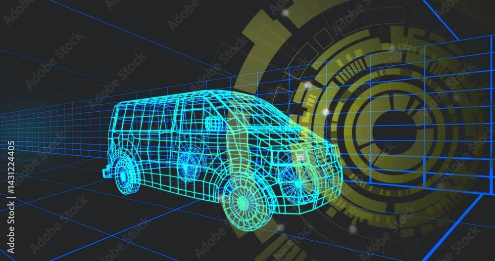 Aufkleber wireframe van model floating in neon grid space, showcasing yellow-green circular hud interface