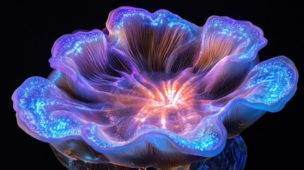 Bioluminescent, vibrant, floral jellyfish.  A captivating display of glowing,  bioluminescent marine life, featuring  soft,  flowing textures and vibrant colors