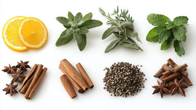 Fresh herbs, spices, and citrus slices on white background