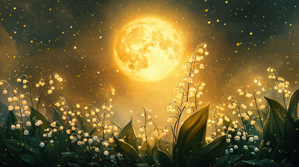 Fototapeta premium Moonlit lily of valley flower blooms create magical atmosphere under glowing moon, illustration style