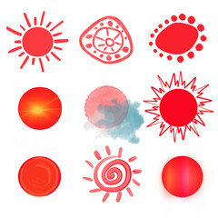Sun icon collection.  Red Sun  icon set. Vector illustrations.
