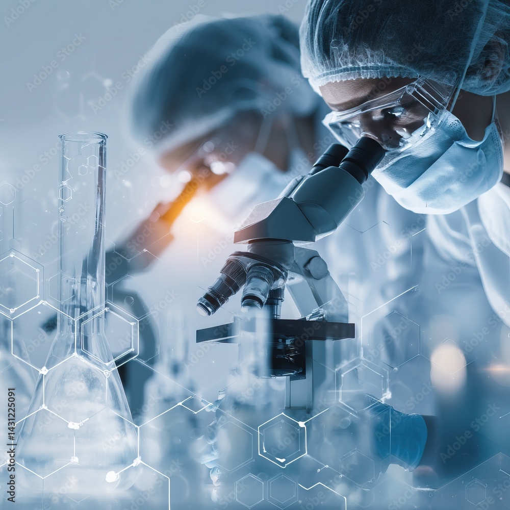 Poster scientists conducting research using microscope in laboratory