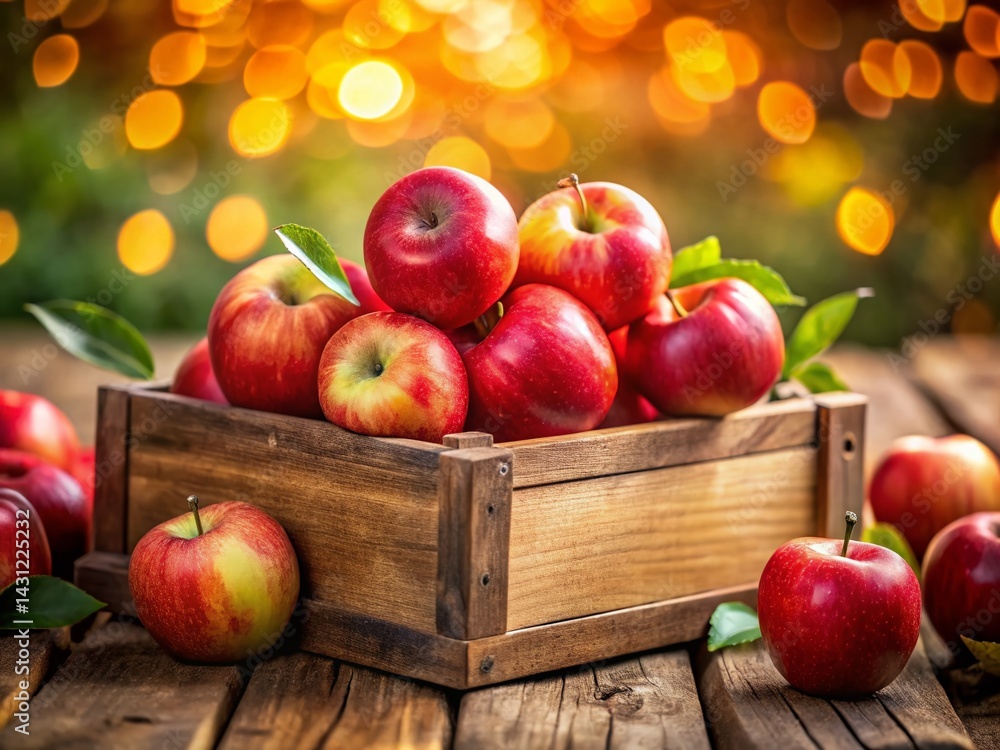 Poster fresh red apples in rustic wooden crate - bokeh background stock photo