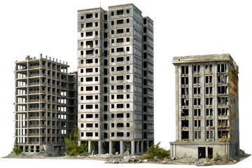 set of ruined skyscrapers isolated on white background PNG. 