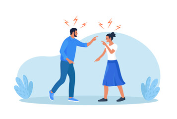 Conflict between man and woman. Married people quarrel, wife and husband arguing. Family conflict. Angry couple shouting at each other. Parting, divorce, misunderstanding and crisis in family.