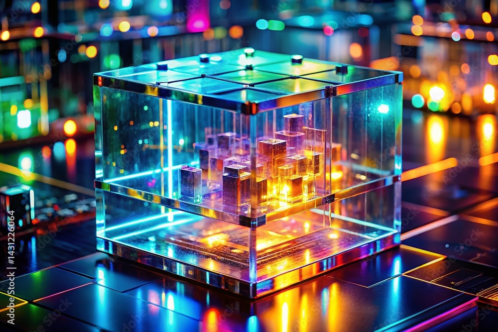 Poster futuristic lab tilt-shift: glowing structure in transparent cube