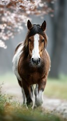 Obraz premium Majestic horse walking along a misty path surrounded by blooming trees in a tranquil forest setting