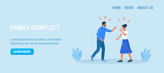 Conflict between man and woman. Married people quarrel, wife and husband arguing. Family conflict. Angry couple shouting at each other. Parting, divorce, misunderstanding and crisis in family.