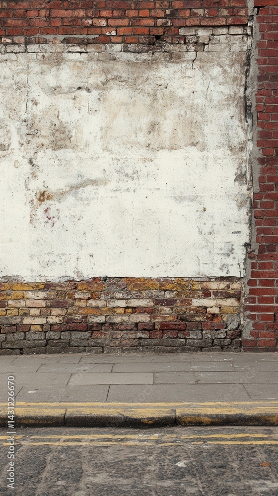 Poster weathered brick wall with peeling paint and sidewalk creating urban texture and depth for authentic 