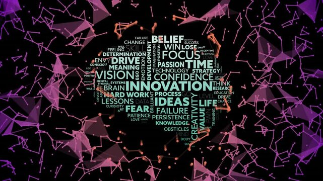 Central word cloud showing innovation floating in flat design with magenta purple network shapes