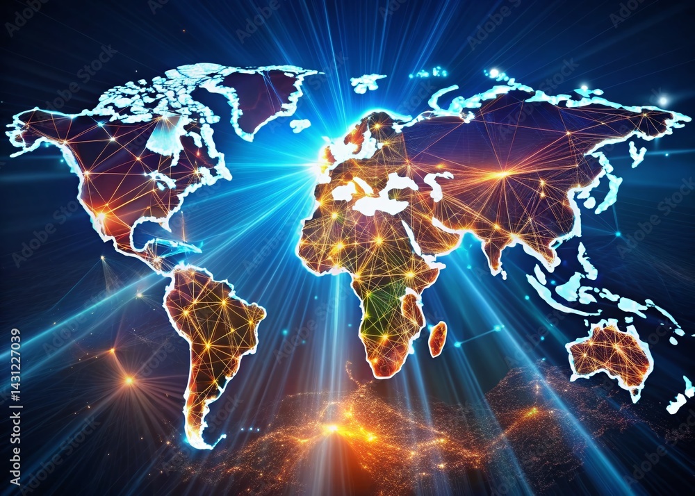 Poster global network connection: 3d rendered world map with radiant rays - stock photo