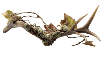 Obraz premium Unique branch with moss and dried leaves. transparent background