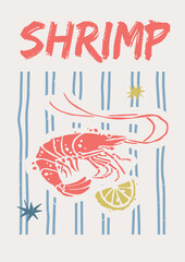 Vertical Seafood Poster A3 with Red Shrimp Silhouette on Blue Stripes