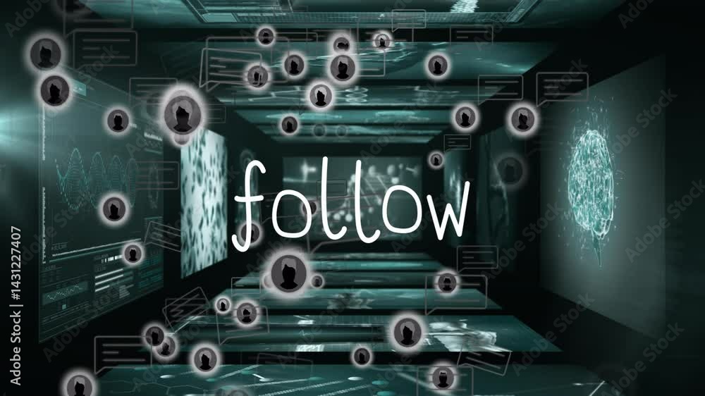 Poster handwritten follow text floating in digital data tunnel, showing avatars, chat icons, code panels