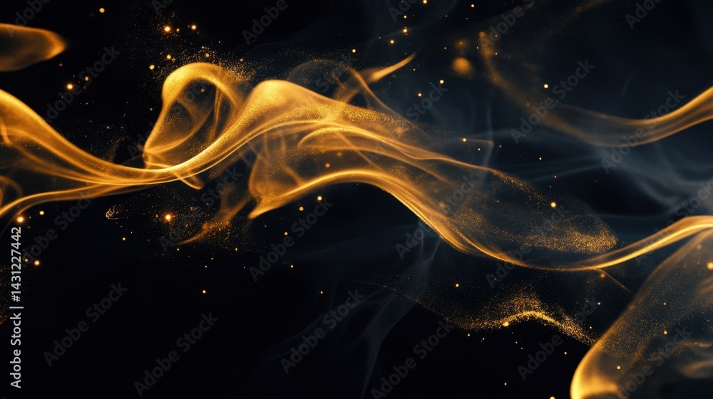 Poster ethereal golden smoke on dark background creates a mesmerizing and luxurious abstract design with su
